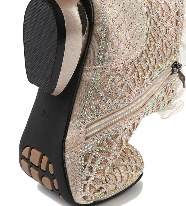 Fashion Rhinestones Hollow Out Thick Heel Short Boots for Women
