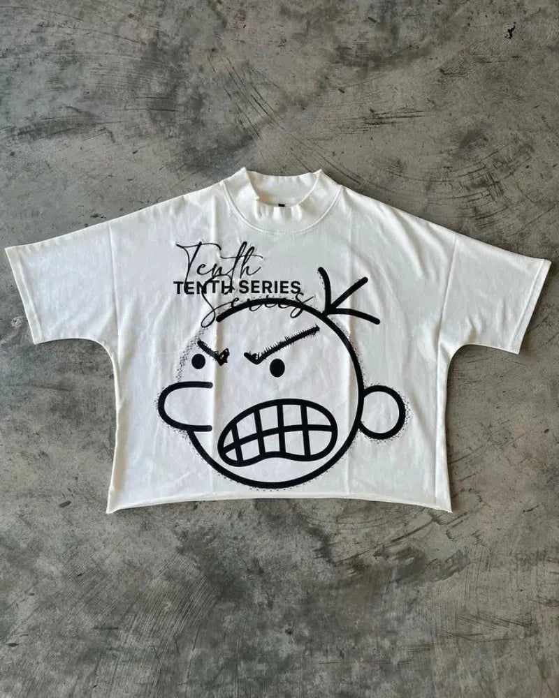Maxct American Gothic Super Cool Smiley Letter Print Oversized T-Shirt Men's Fashion Harajuku Loose Round Neck Short Sleeve Top