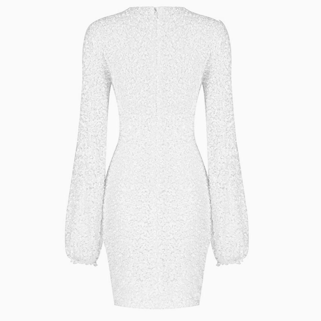 Sparkly Sequin Lacy Long Sleeve Party Mini Dress - White Maxct