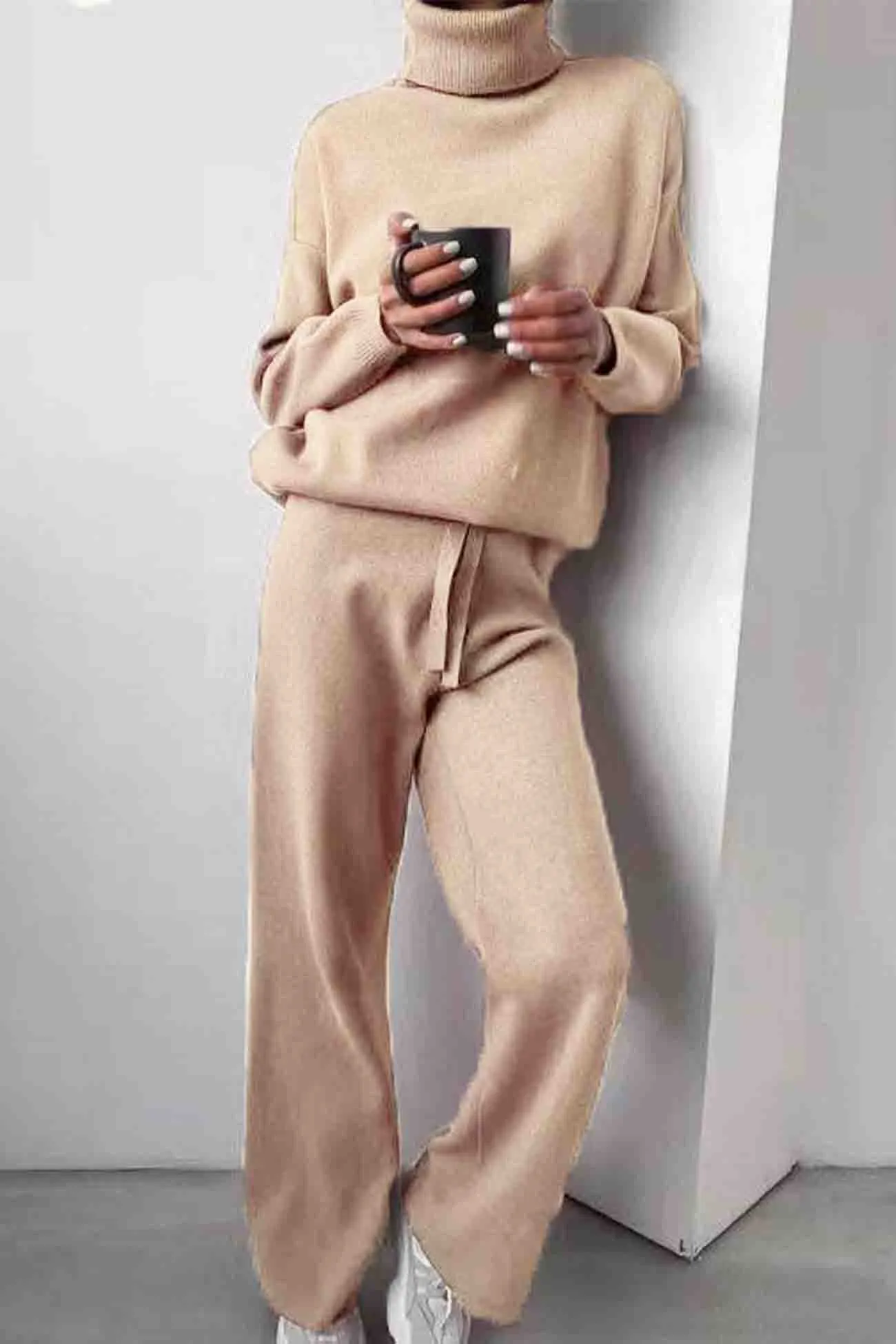 Maxct Solid Turtleneck Long Sleeve Long Pant Knitted Set