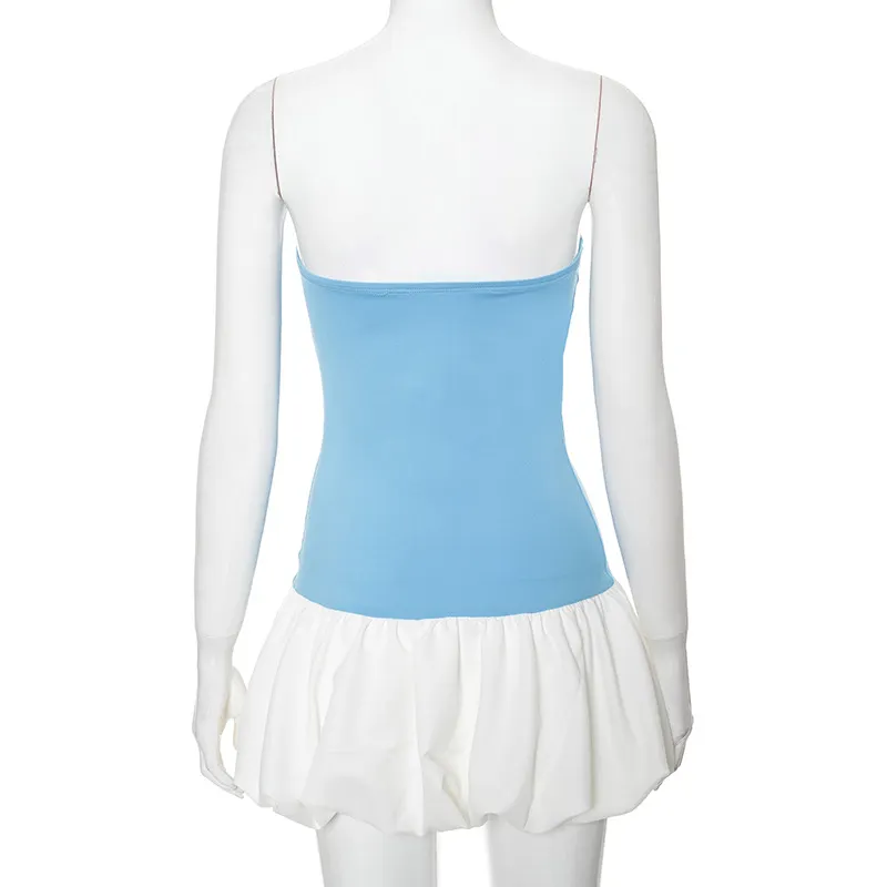 Contrast Color Mini Folds Dress For Strapless Slim Sleeveless Ruched Splice Y2K Beach FeClub Party Dress
