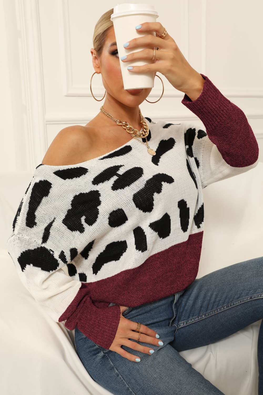 Maxct &Full Size Two-Tone Boat Neck Sweater