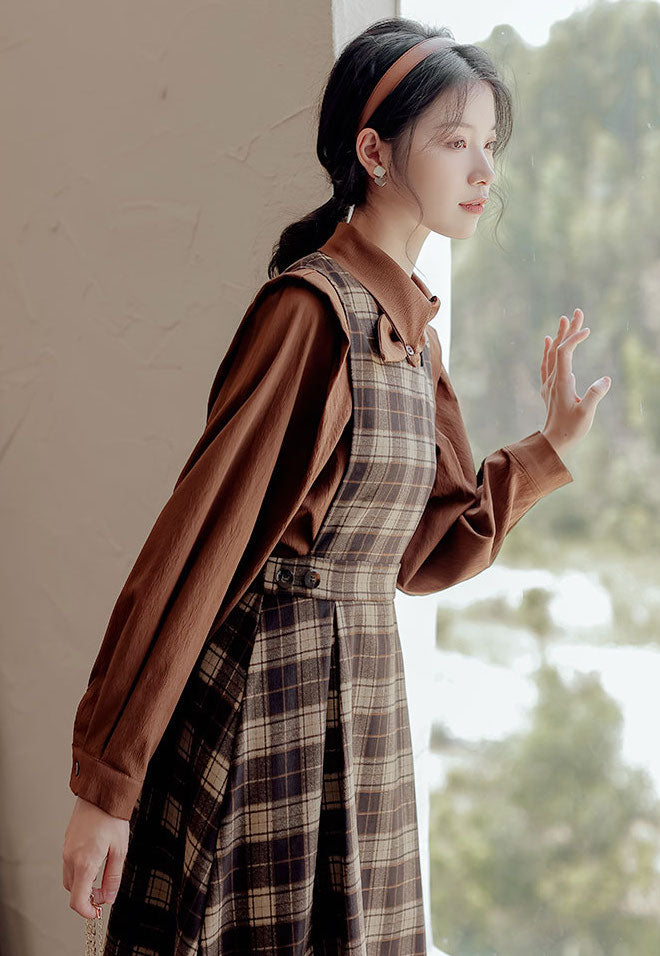 Crepe Plaid Pinafore Dress Set Maxct