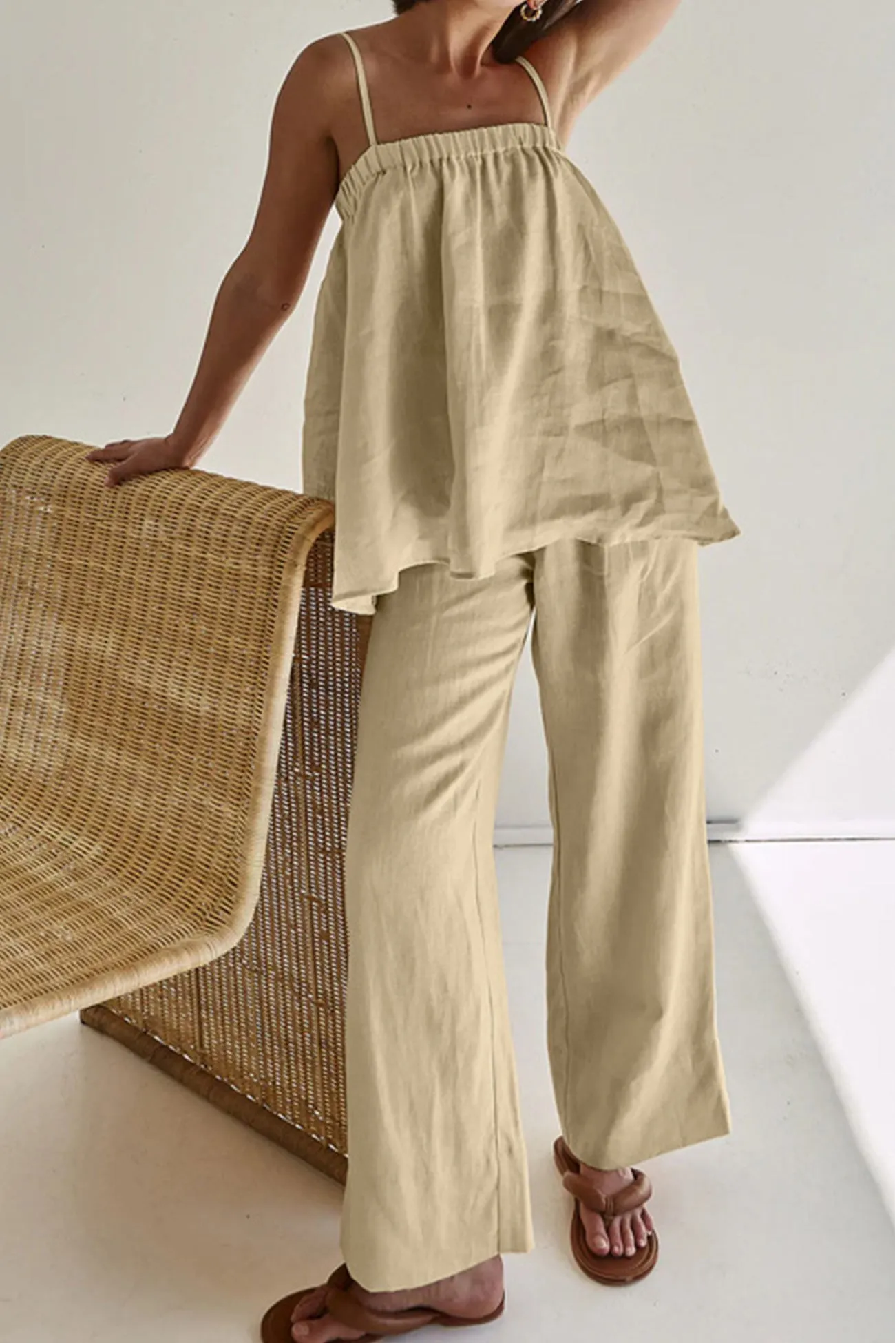 Maxct Khaki Cotton Cami Top Long Pants Suits