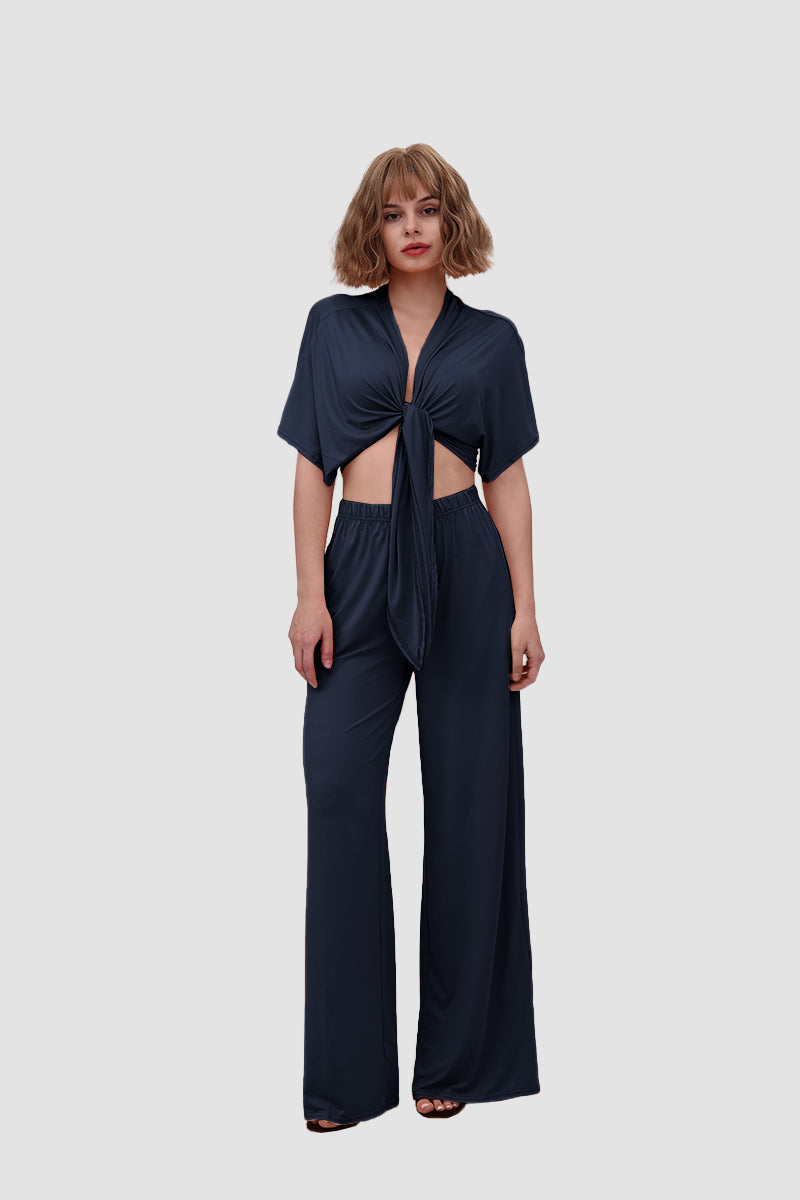 Maxct Deep V-neck Top & Elastic Wide Leg Pants