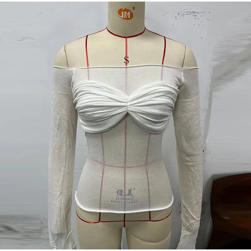Sexy Transparent Off Shoulder Shirts Women Slim Fit Solid Perspective Thin T-Shirt Female Autumn Chic Elegant Daily Tops