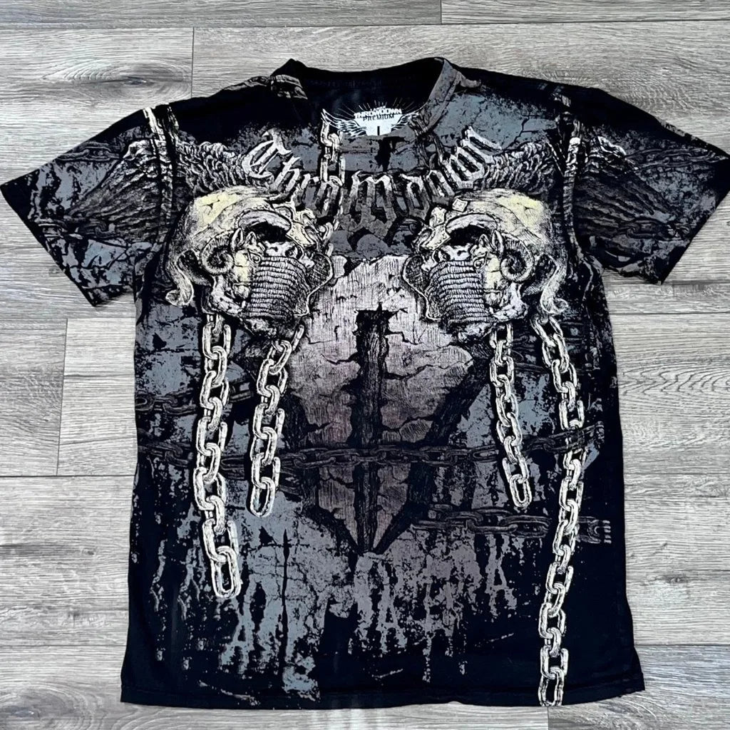 Maxct Harajuku Summer Casual Retro Hip Hop Grunge Skulls Cross Graphic T Shirt for Men Vintage Fashion Streetwear Short Sleeve Top