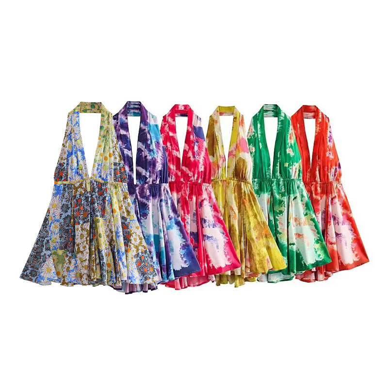 Maxct New Summer Print Dress With A Collar And A Bare Back