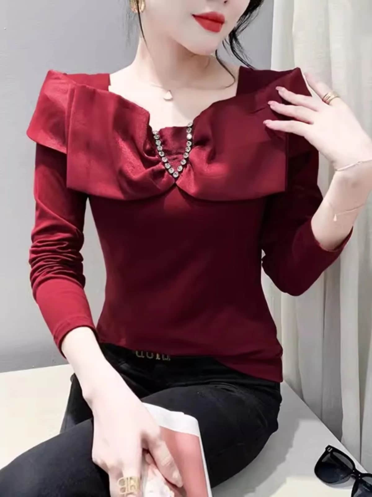 Maxct Autumn Cotton T-shirt Women's Beading Bowknot Slash Collor TShirts Female Fashion Slim Top HF3011