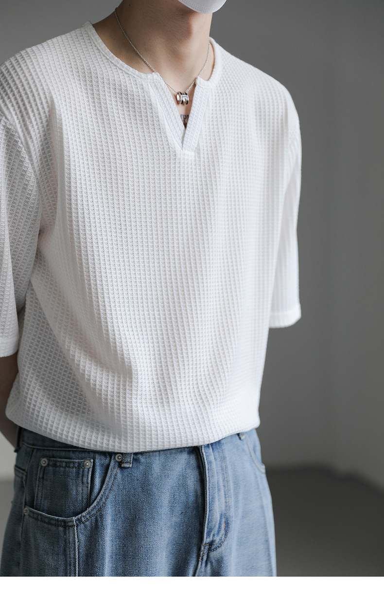 90s Streetwear Summer New Korean Style Loose Small V-neck Short-sleeved T-shirt Men's Fashion Brand Wafflet High-end Sense Half-sleeved T-shirt Top
