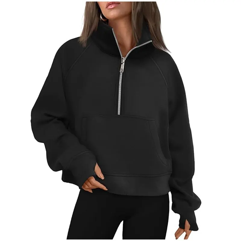 Casual Half Zipper Plush Hoodies Women Loose Solid Lapel Pockets Sweat Shirt Female Autumn Chic Warm Sports Yoga Outwear