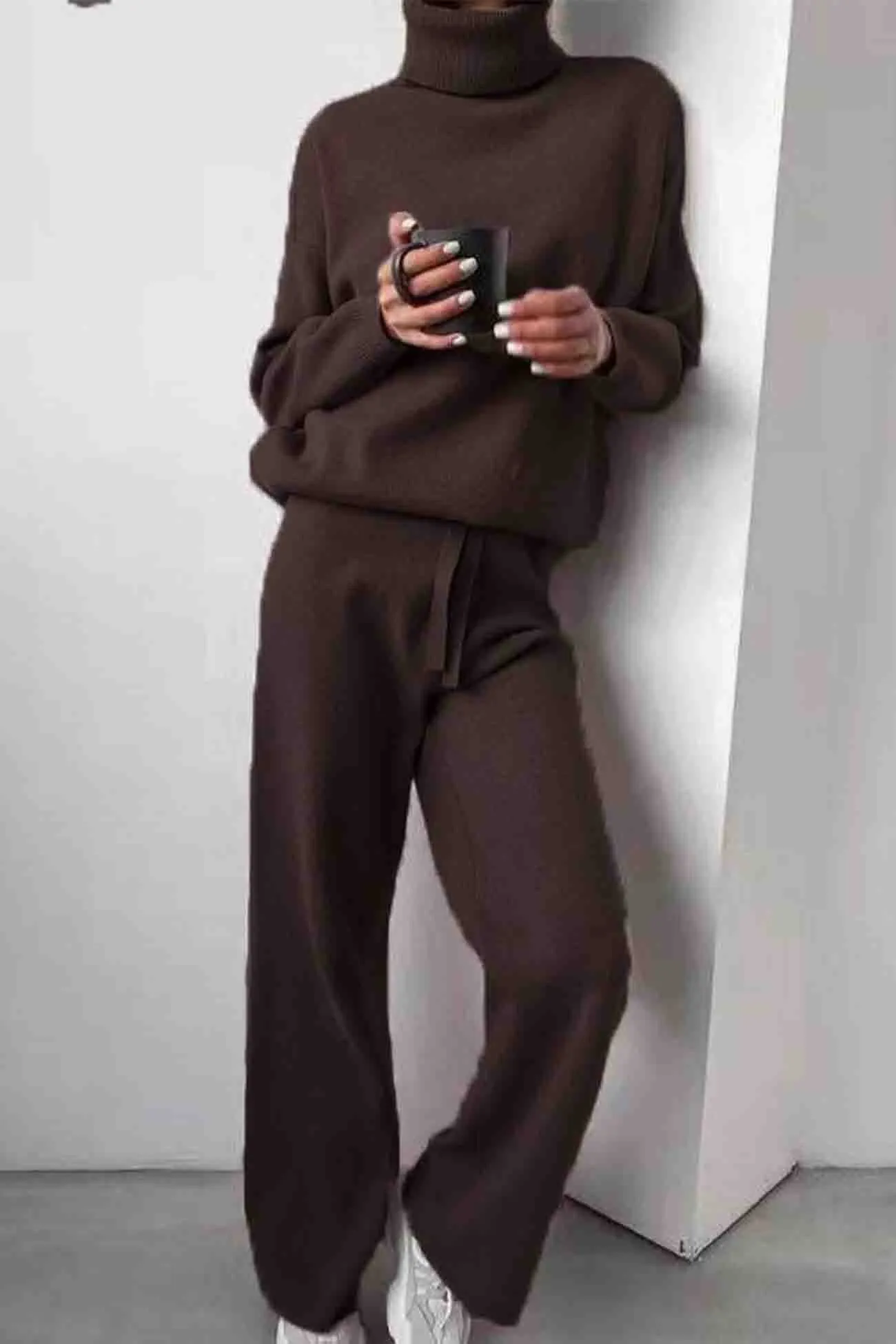 Maxct Solid Turtleneck Long Sleeve Long Pant Knitted Set