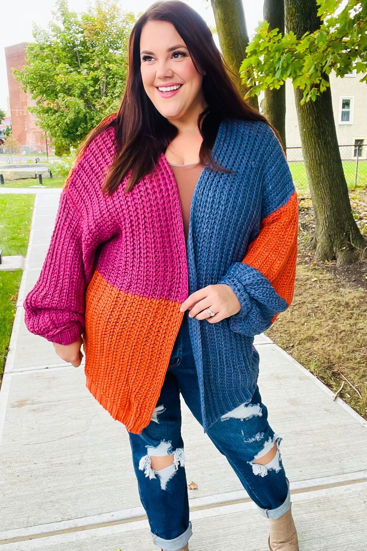 Maxct &Dazzle In Magenta & Navy Chunky Knit Color Block Cardigan