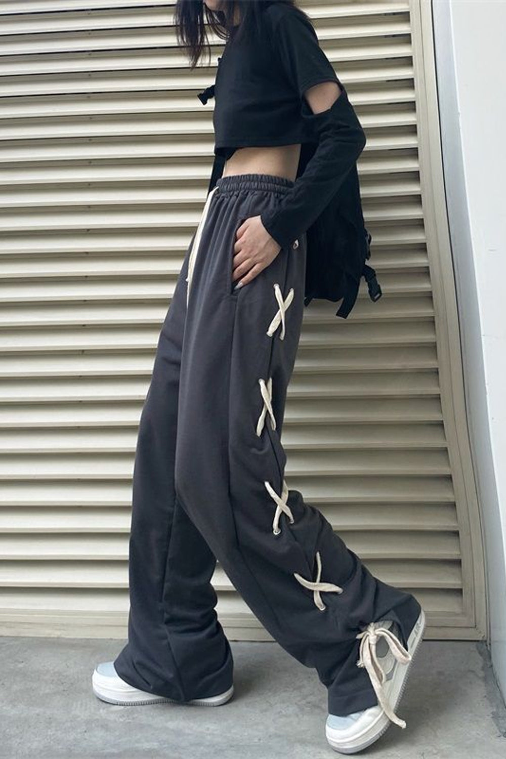Women's Lace-Up Side-Tie Wide-Leg Joggers