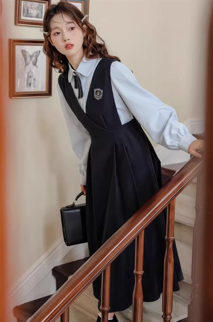 Corduroy Suede Midi Pinafore Dress & Blouse Set Maxct