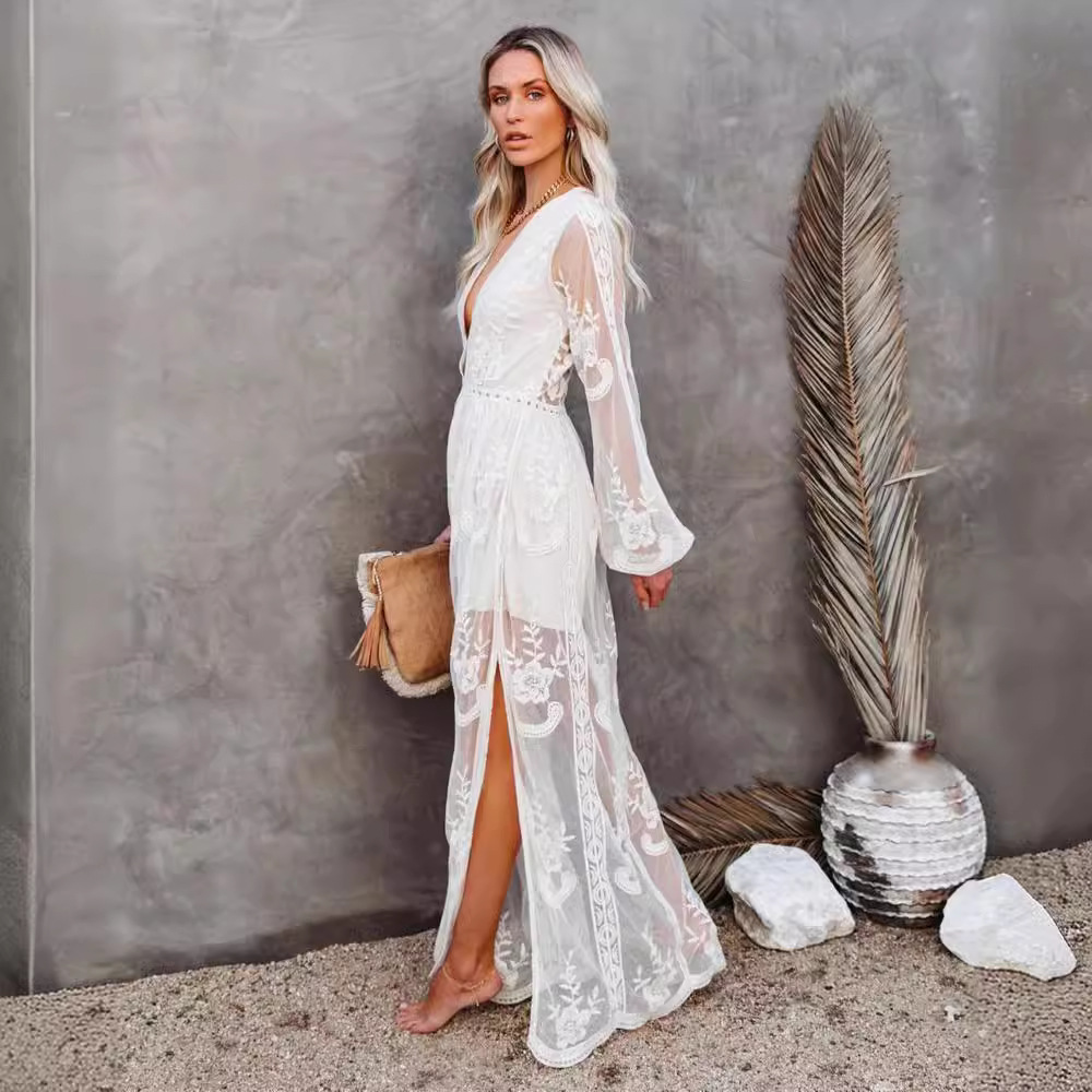 Maxct harajuku dress to impress Spring and Summer Women's Lace Long Dress V-neck Solid Color Chiffon Summer Dress