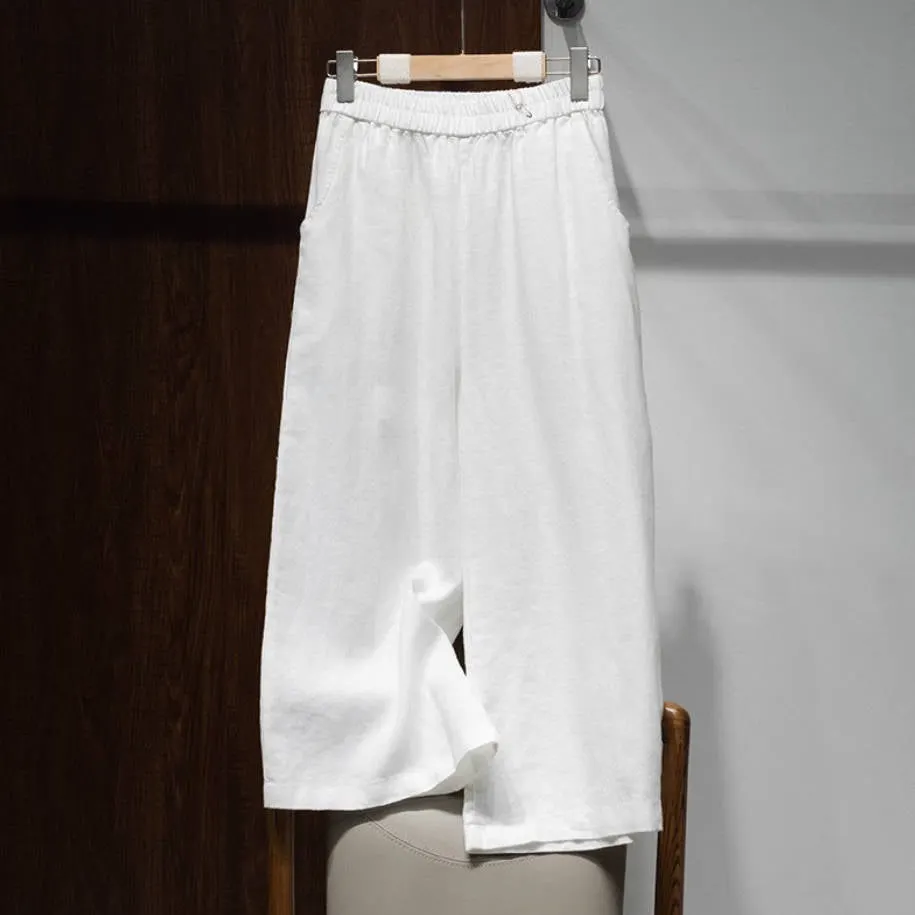 Women High Waist Linen Wide Leg Pants Loose Fit Cropped Trousers