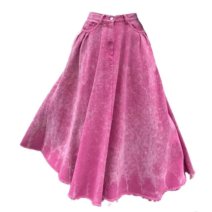 Pink Distressed Denim Maxi Skirt Maxct