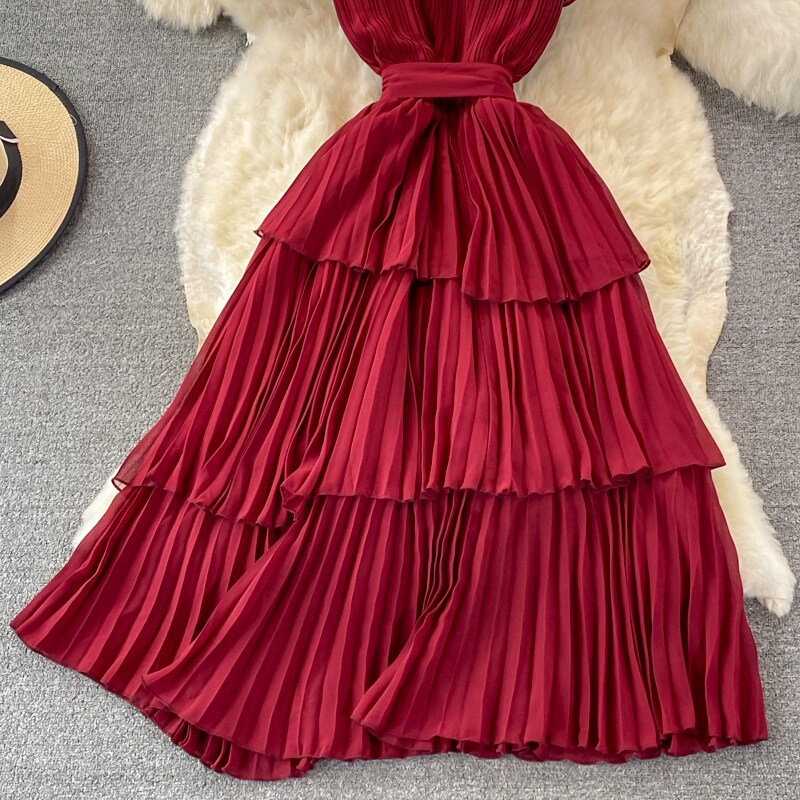 Women's Purple/Pink/Green Draped Dress Vintage Ruffle Stand Collar Sleeveless High Waist Party Pleated Vestidos Female New