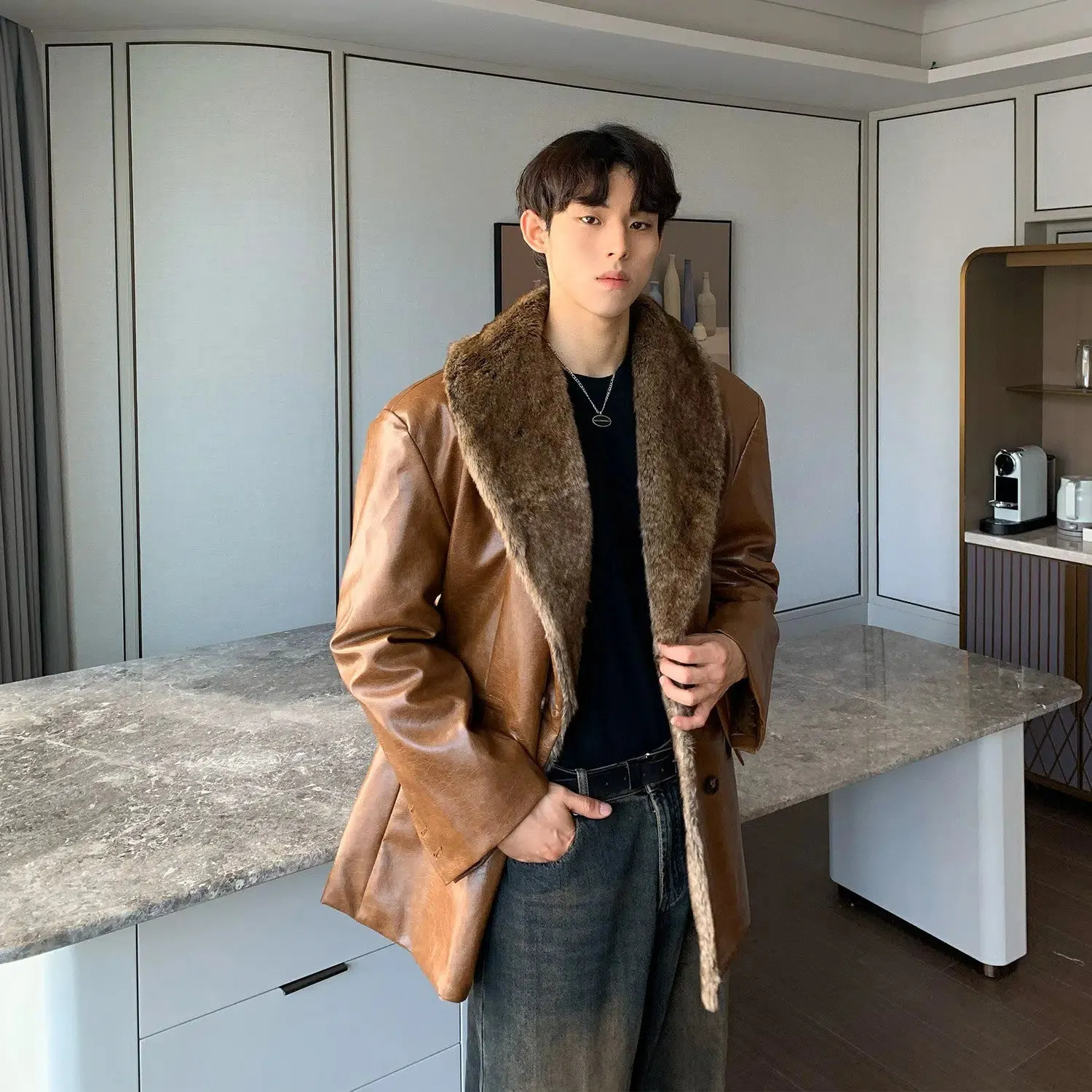 Maxct Fur Collar PU Leather Suit Jacket