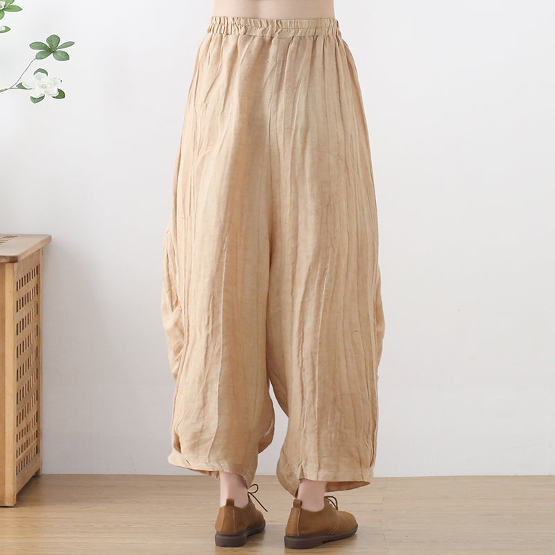 Women Loose Crinkled Color Block Linen Pants