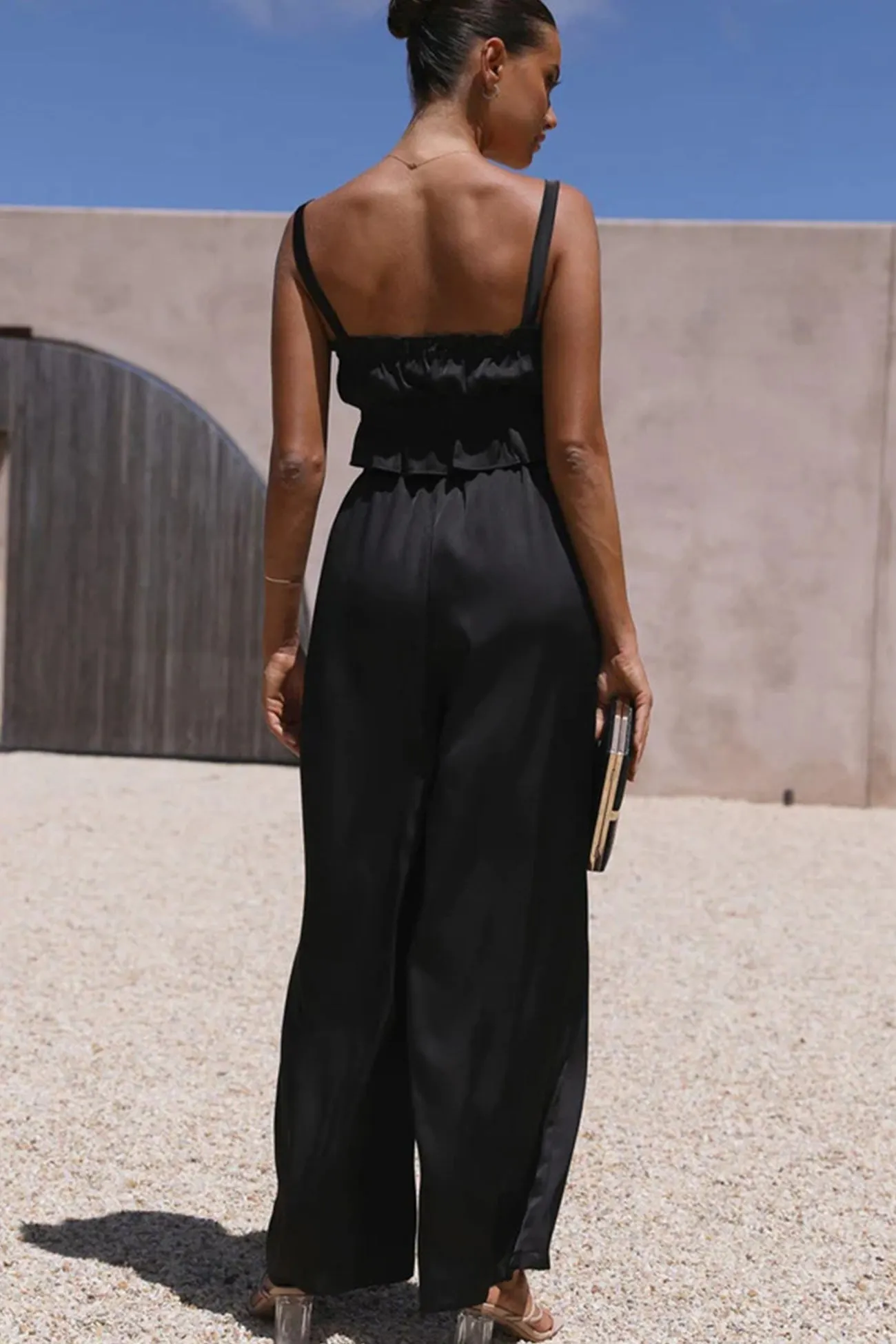 Maxct Smocked Ruffle Cami Crop Top Wide Leg Long Pants Set