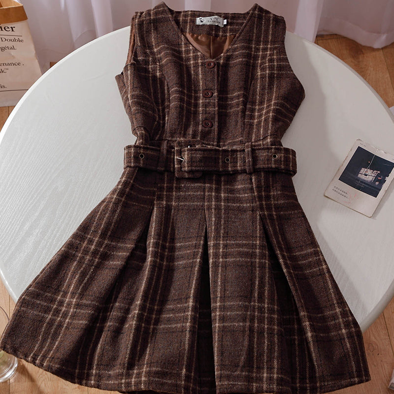 Coffee Plaid Pinafore Dress / Blouse Maxct