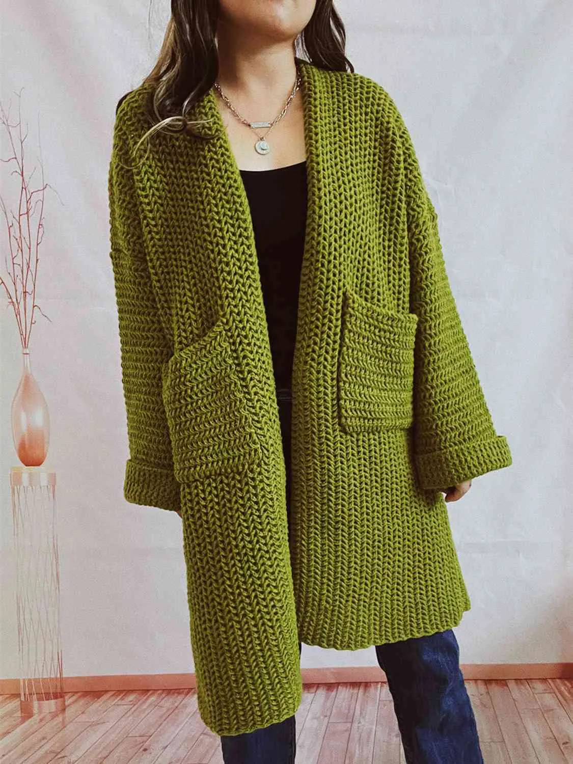 Maxct &Open Front Long Sleeve Cardigan with Pockets