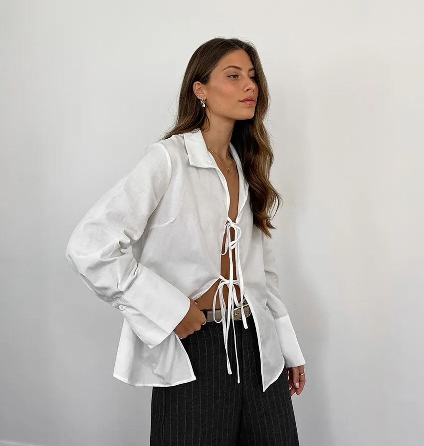 Hollow Out Lace Up White Cotton Linen Shirt Women's Long Sleeve Loose Casual Sexy Lapel Cardigan Top Female Summer new