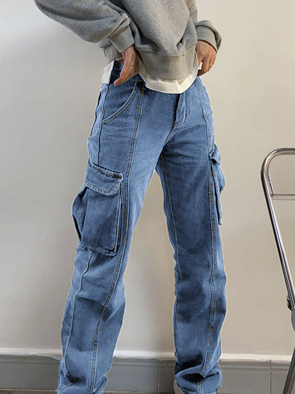 Washed Mid Waist Pocket Cargo Jeans Maxct