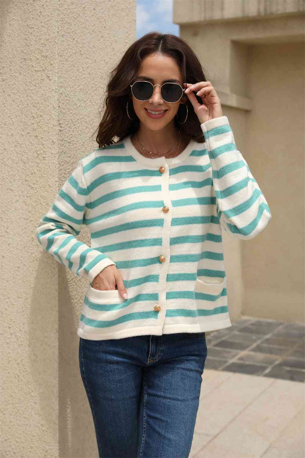 Maxct &Striped Round Neck Button-Down Dropped Shoulder Cardigan