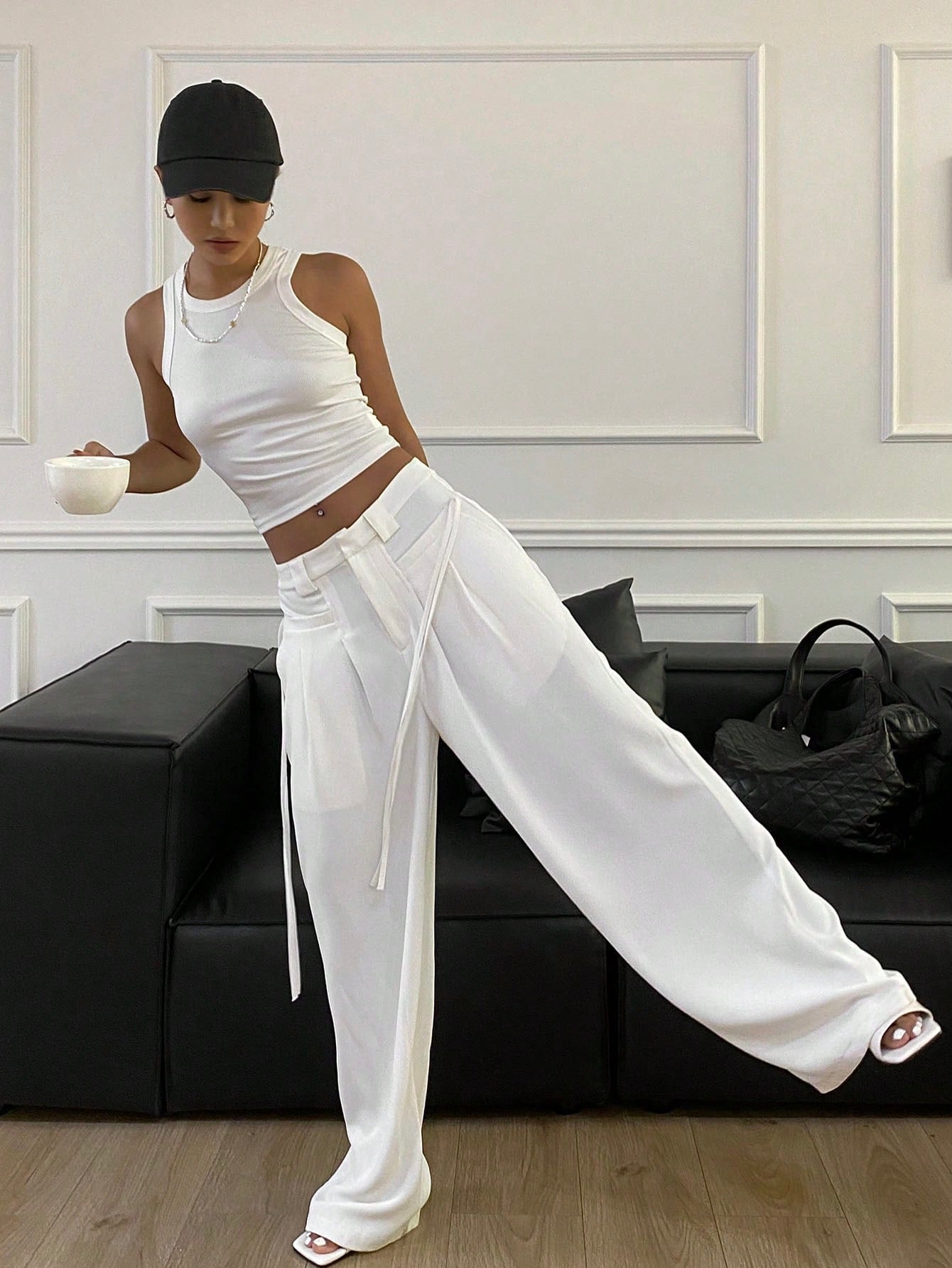 Maxct Solid Color Bow Tie Waist Wide Leg Trousers Women's Suit Pants