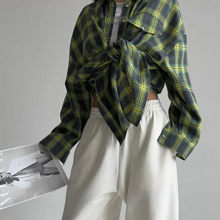 Retro Lapels Lattice Loose Shirt For Women Single-Breasted Long Sleeves Stripe Summer New Casual Versatile Pocket Shirt