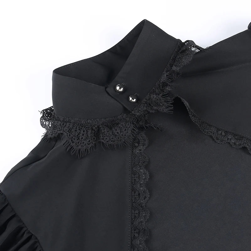 Maxct Women's Gothic Tops Short Blouse Women Featured Lace Wrap Design Dark Court Style High Neck Crop Top