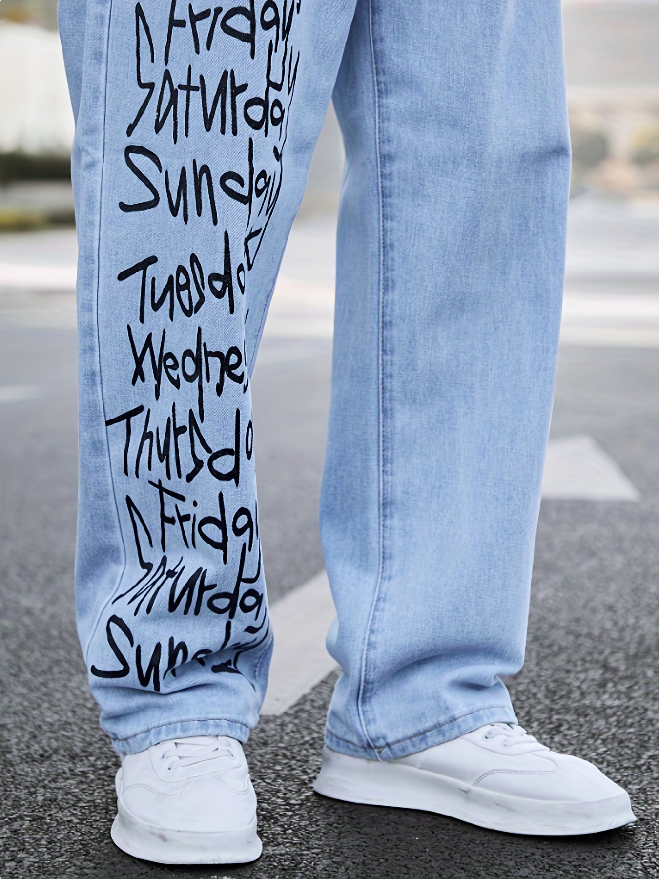 Letter Print Loose Fit Jeans, Men's Casual Street Style Wide Leg Denim Pants For All Seasons