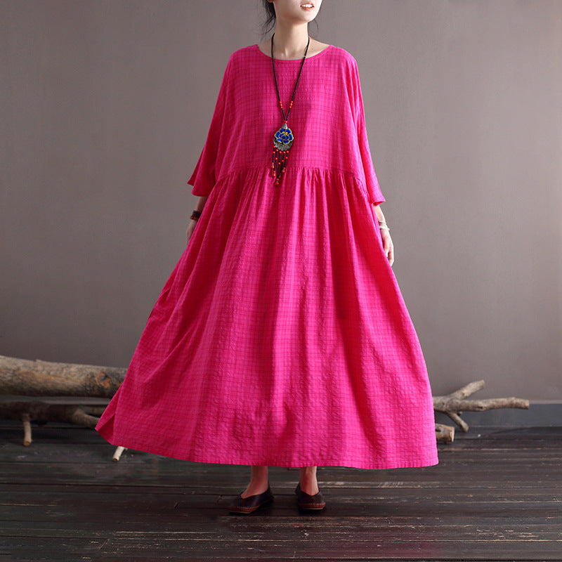 Round Neck Plaid Loose Cotton Midi Dress