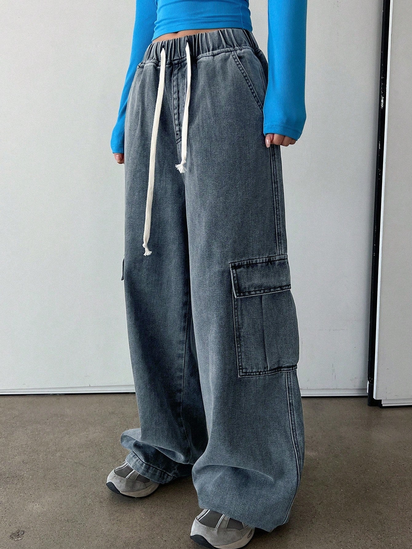 Maxct Women's Drawstring Waist Wide Leg Loose Casual Denim Pants With Pockets