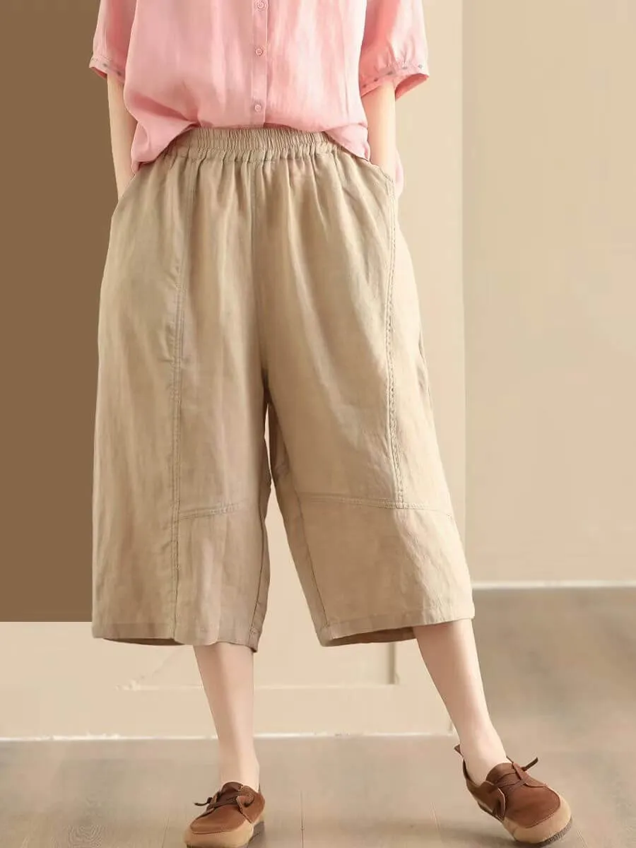 Maxct Women Summer Vintage Ramie Casual Cropped Pants