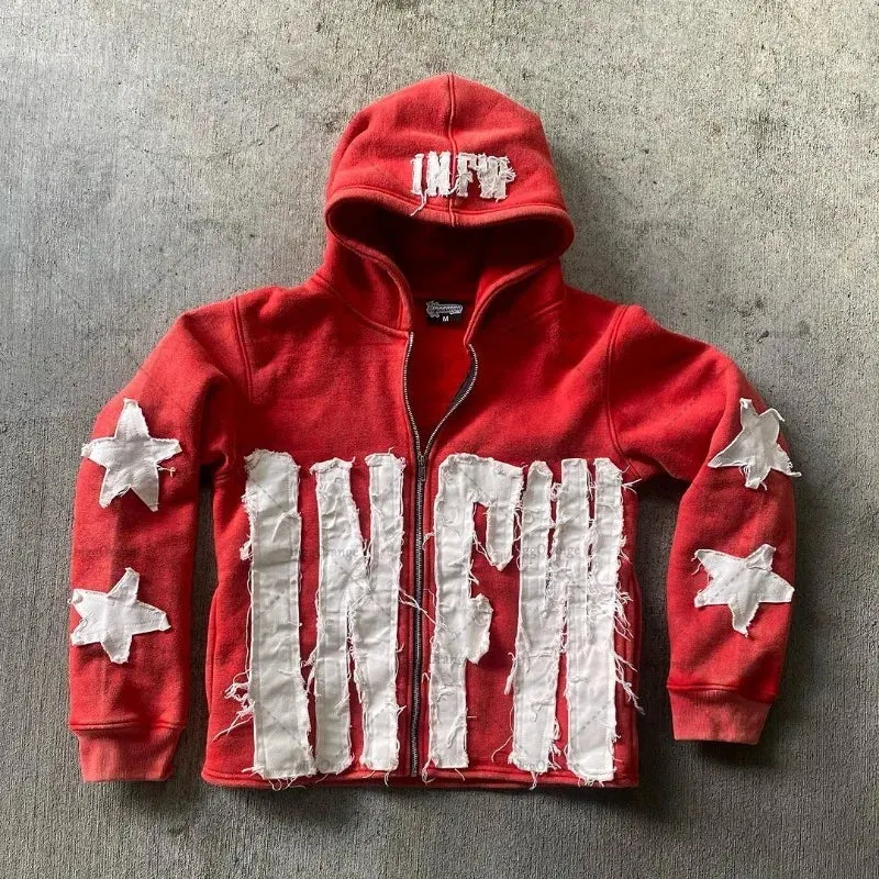 Maxct 90s Streetwear Trendy Brand Crying Face Letter Embroidered Zipper Hoodie Men Y2k Retro Harajuku Jacket Hip-hop Rock Casual Oversized Sweatshirt