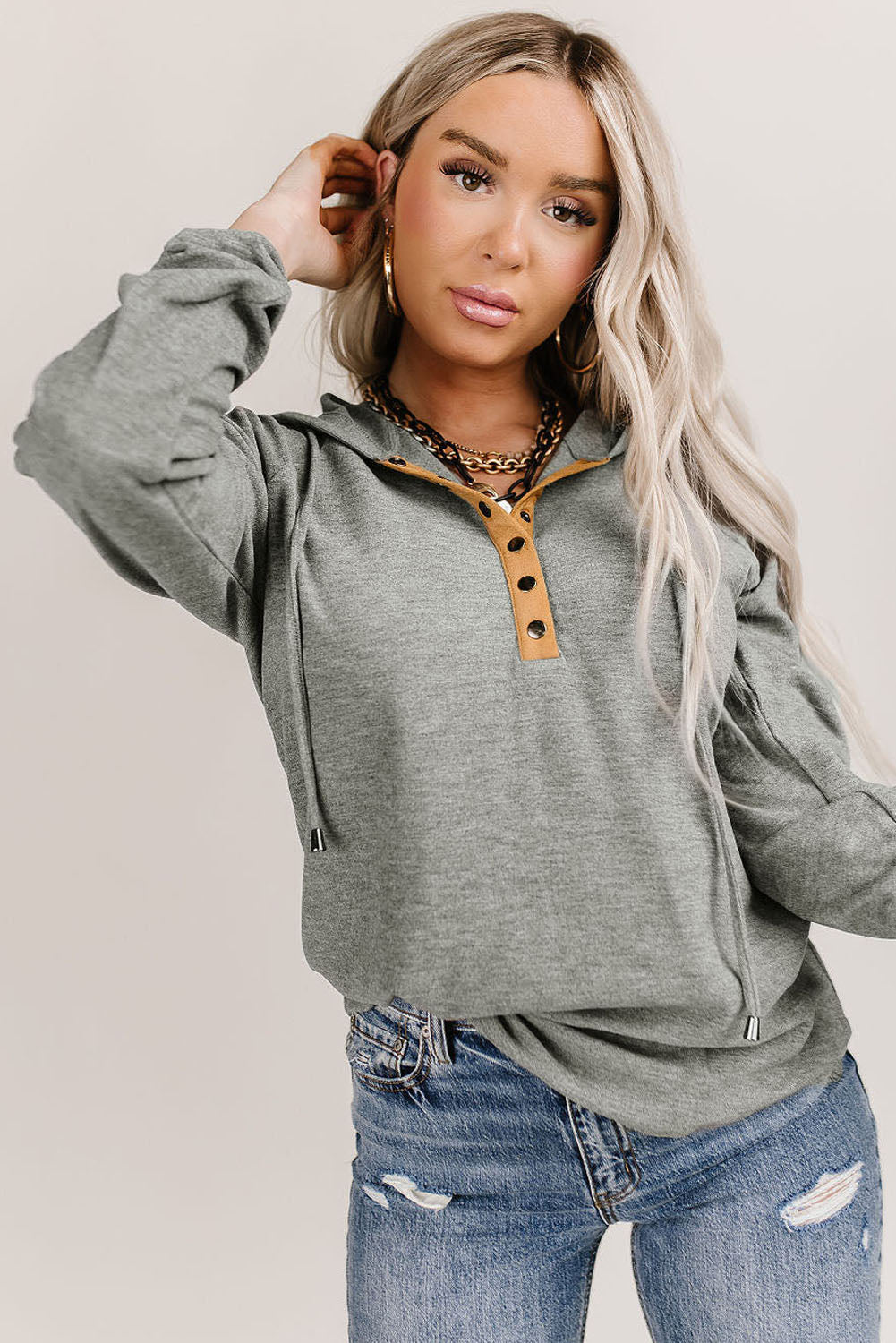 Maxct &Drawstring Quarter Snap Long Sleeve Hoodie
