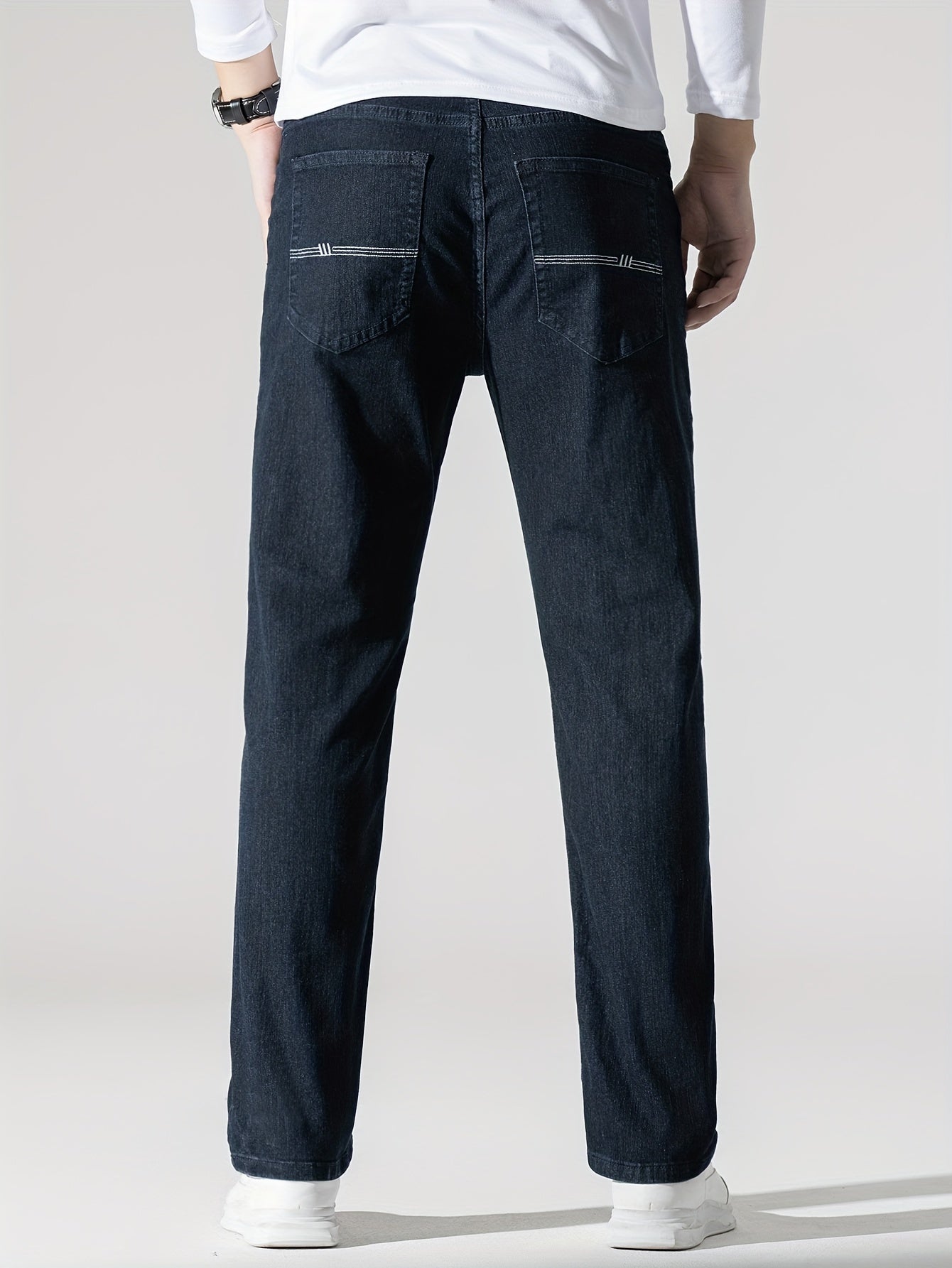 Men's High Stretch Jeans For Business, Slim Fit Denim Pants With Pockets For Spring Fall