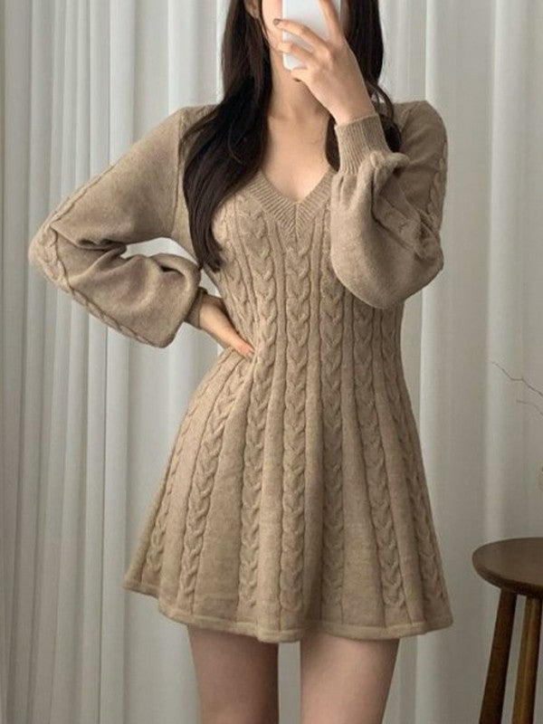 V Neck Cable Knit Long Sleeve Mini Dress Maxct