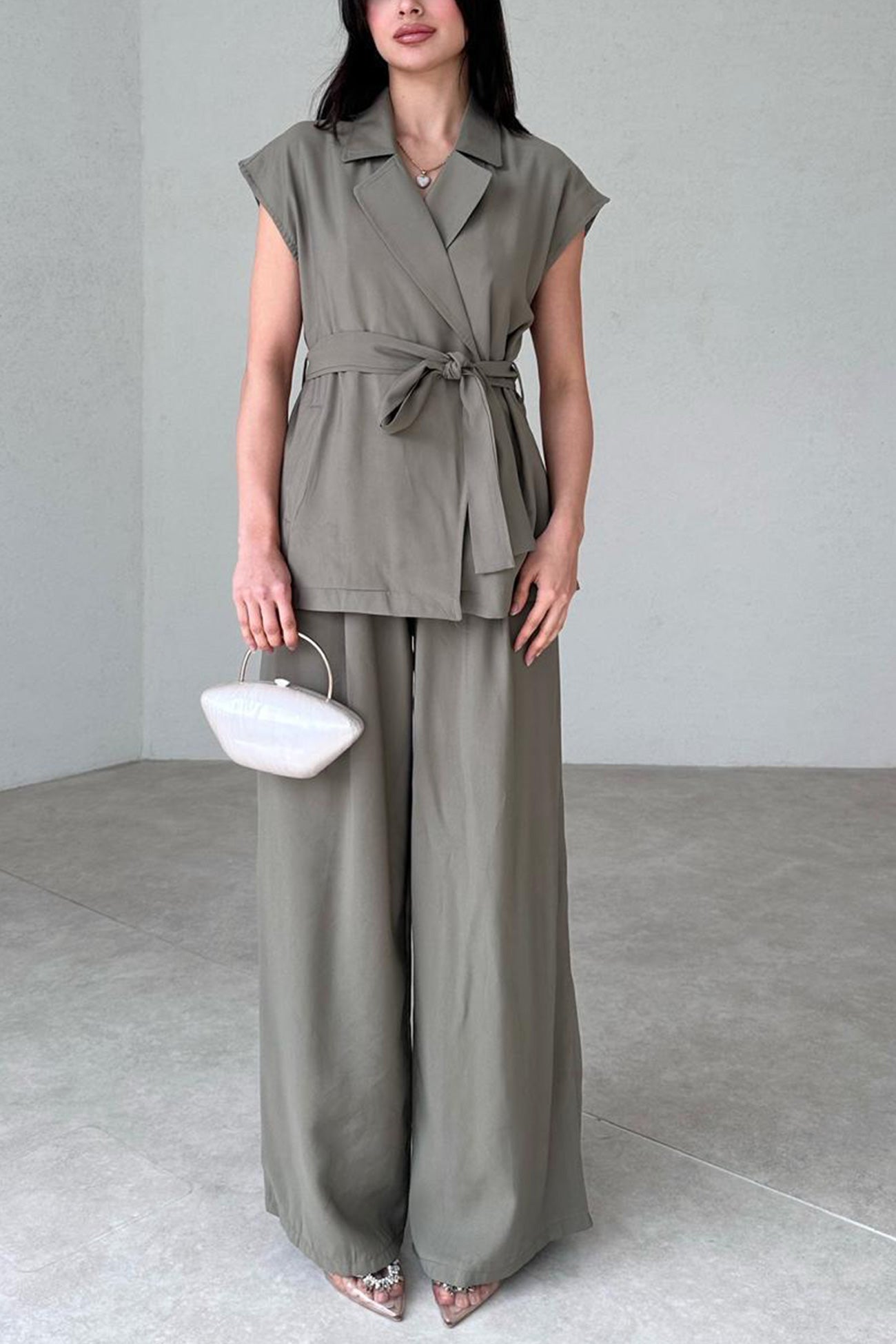 Maxct Cap Sleeve Tie-waist Suit Pants Set