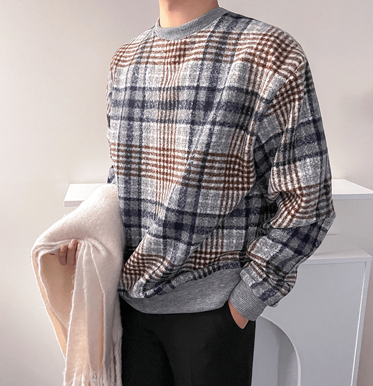 Maxct 6164 Knitted Crewneck Plaid Sweater