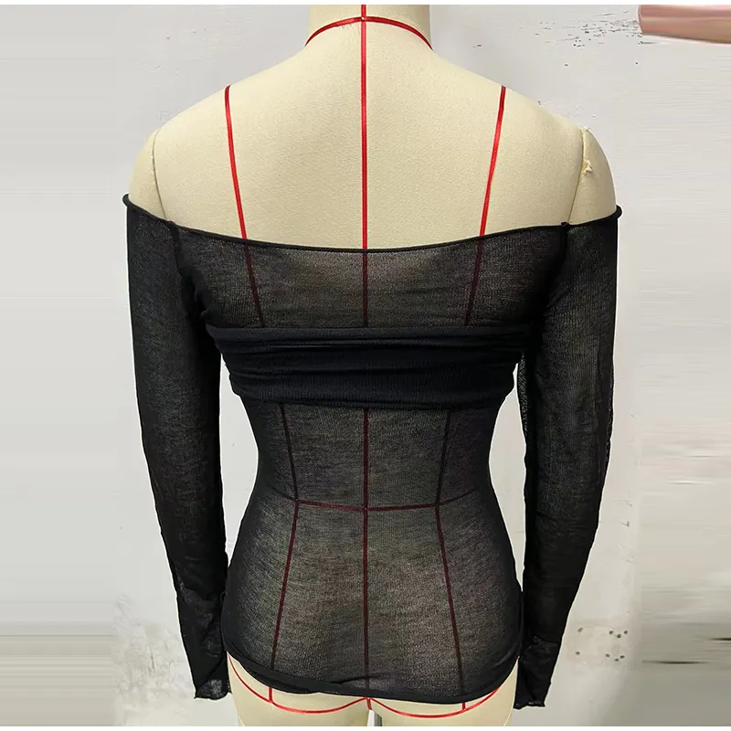 Sexy Transparent Off Shoulder Shirts Women Slim Fit Solid Perspective Thin T-Shirt Female Autumn Chic Elegant Daily Tops