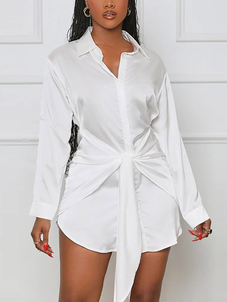 Satin Tie Waist Shirts Dress Maxct