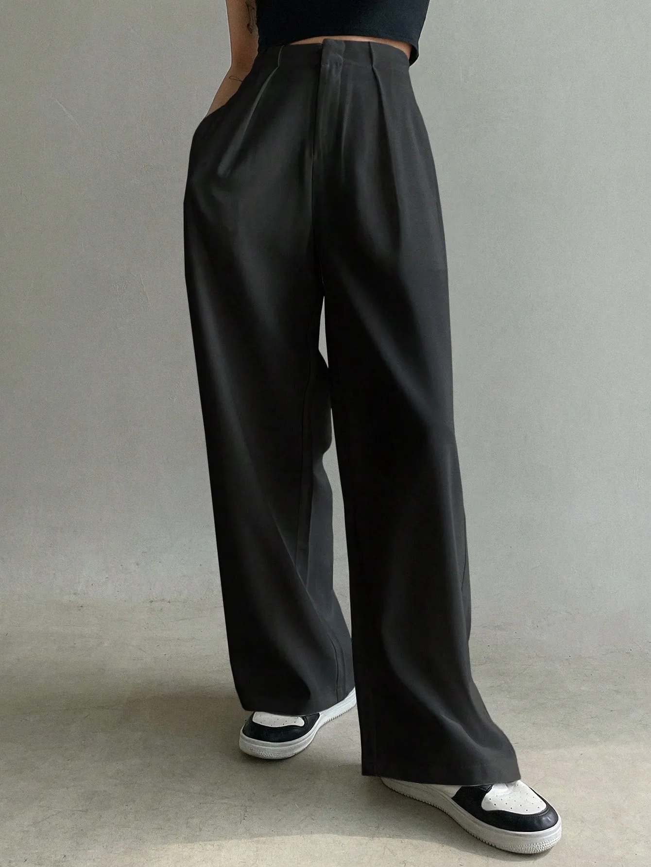 Maxct Solid Slant Pocket Wide Leg Suit Pants