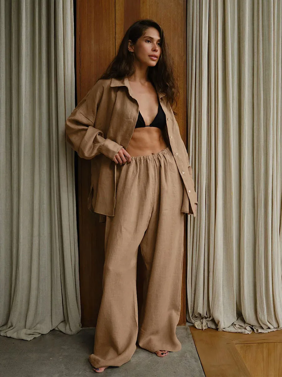 White Casual Cotton Linen Trousers Suit Women's Loose Long Sleeve Shirt Top Elastic Waist Pants Female Outfits Autumn New