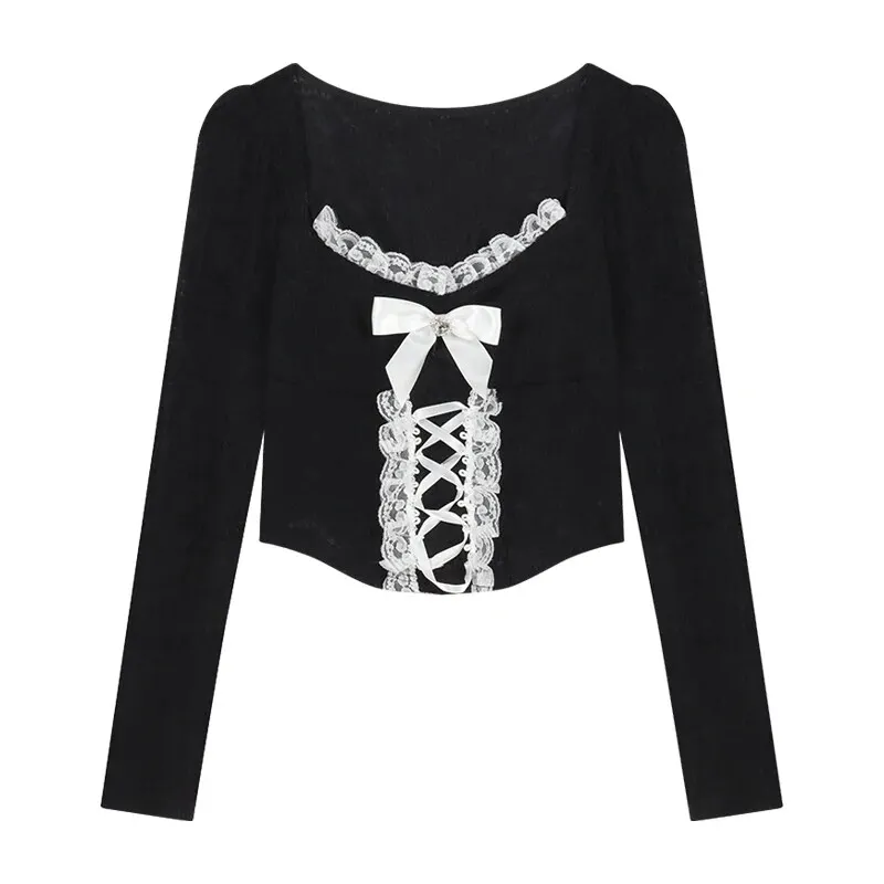 Maxct Women's Elegant Long Sleeve Crop Tops Bowknot Lace Patchwork Sweetheart Neckline Spring Fall Casual Slim Fit T-Shirts