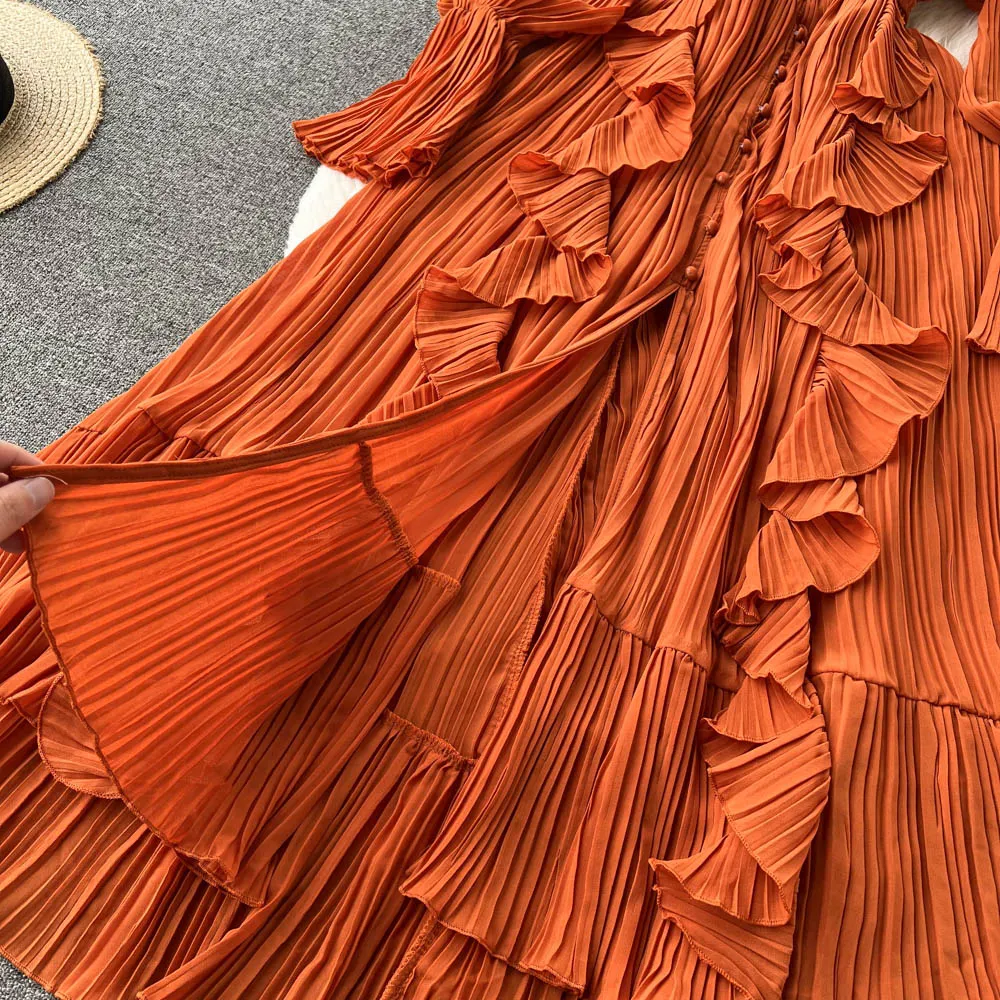 Chiffon Pleated Long Dress Women Vintage V-Neck Flare Sleeve Draped Ruffle Vestido Female Maxi Robe Spring Fall 1215-1
